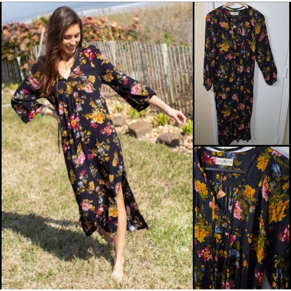 NEW Natural Life Rowan Black Floral Side Slit Dress Siz M Boho Minimalist Rayon